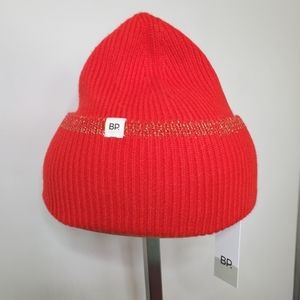NEW BP Nordstrom Red Gold Ribbed Cuffed Beanie Hat Cap Winter Snow